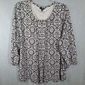 Talbots 3Xp Plus Petie Knit Jersey Tile Print Top Pintuck Black White 3/4 Sleeve